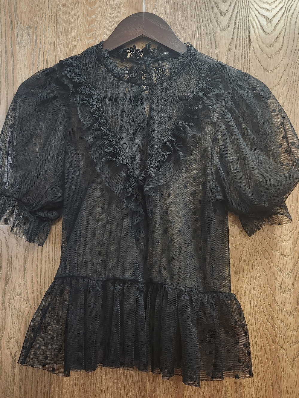 Sheer Black Dot Mesh Puff Sleeve Blouse with Ruffle Trim